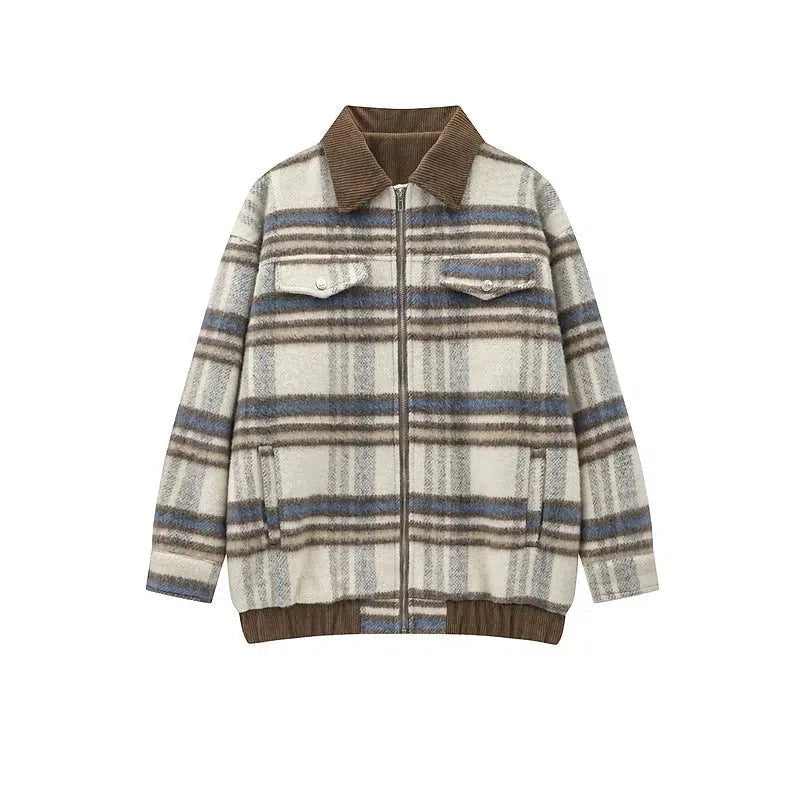 Retro Plaid Contrasting Woolen Jackets Polished Men's Silk