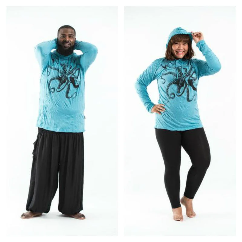 Plus Size Unisex Octopus Hoodie in Turquoise Traditional Men's Country