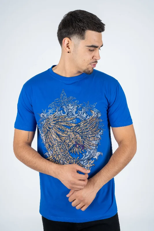 Men's Cotton Royal Blue Rhinestone T-shirt Elegant Men's Cashmere