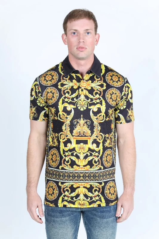 Mens Modern Fit Stretch Baroque Print Polo with Rhinestones Cozy Men's Sherpa
