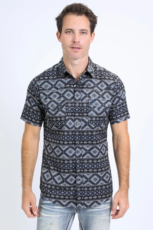 Mens Performance Western Short Sleeve Aztec Print Black Shirt Unique Men's Patch