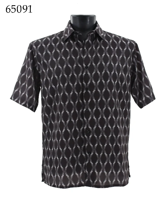 Bassiri Short Sleeve Button Down Casual Printed Men's Shirt - Diamond Pattern Black #65091 Preppy Men's College