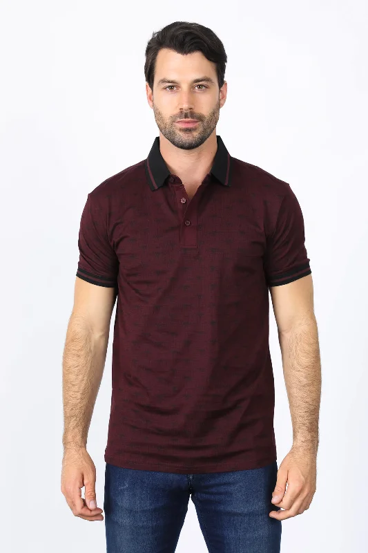 Mens Premium Cotton Burgundy Polo Shirt with Print Vacation