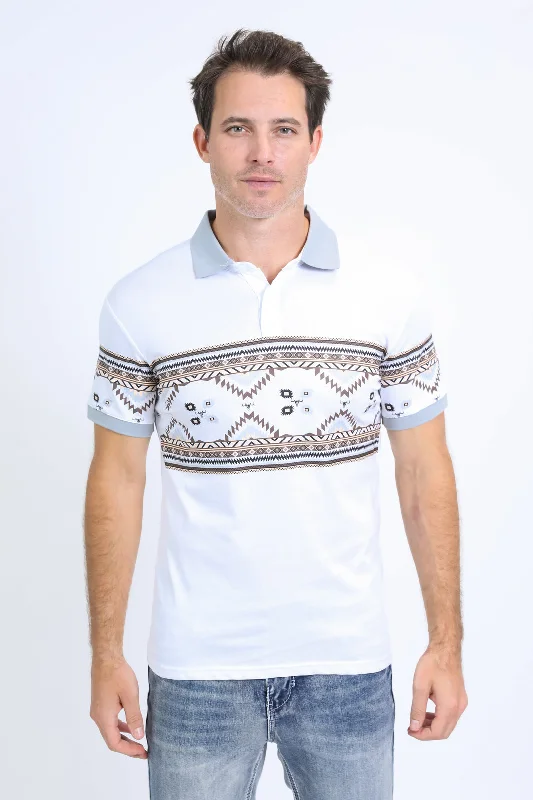 Men's Aztec Panoramic Print White Polo Elegant Men's Cashmere