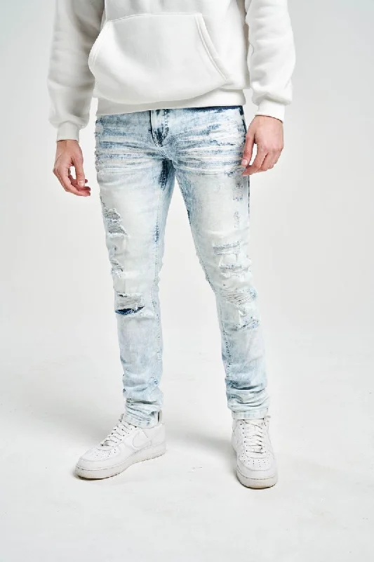Spark Slim Fit Stretch Jeans with 3D Crinkle & Repair (Bleach Blue) Dapper Men's Bow