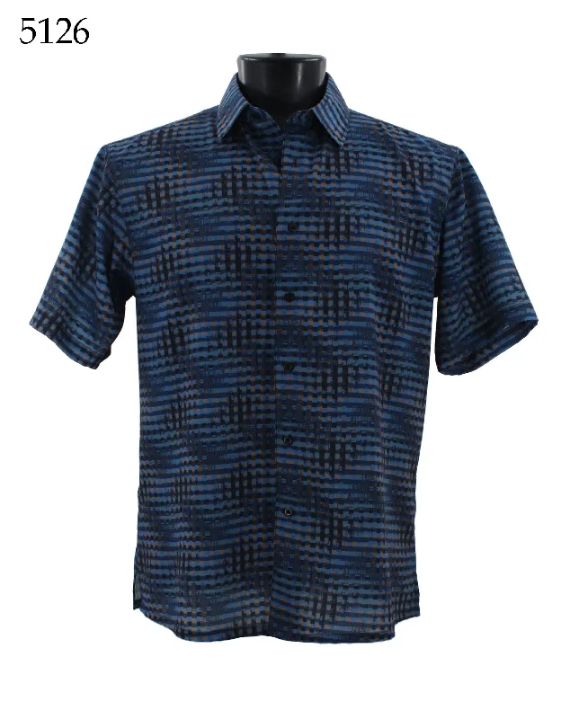 Bassiri Short Sleeve Button Down Casual Printed Men's Shirt - Abstract Pattern Blue #5126 Organic