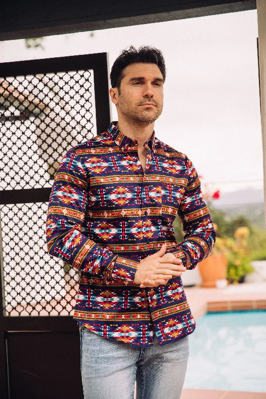 Men's Cotton Navy Aztec Digital Print Dress Shirt Sporty Men's Athleisure 