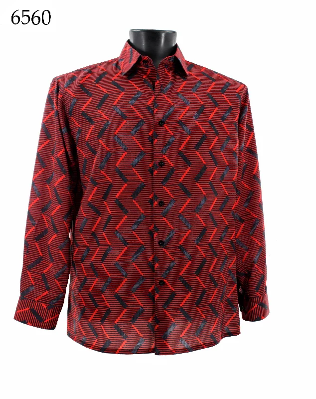 Bassiri Long Sleeve Button Down Casual Printed Men's Shirt - Vertical Zig Zag Pattern Red #6560 Practical Men's Quick