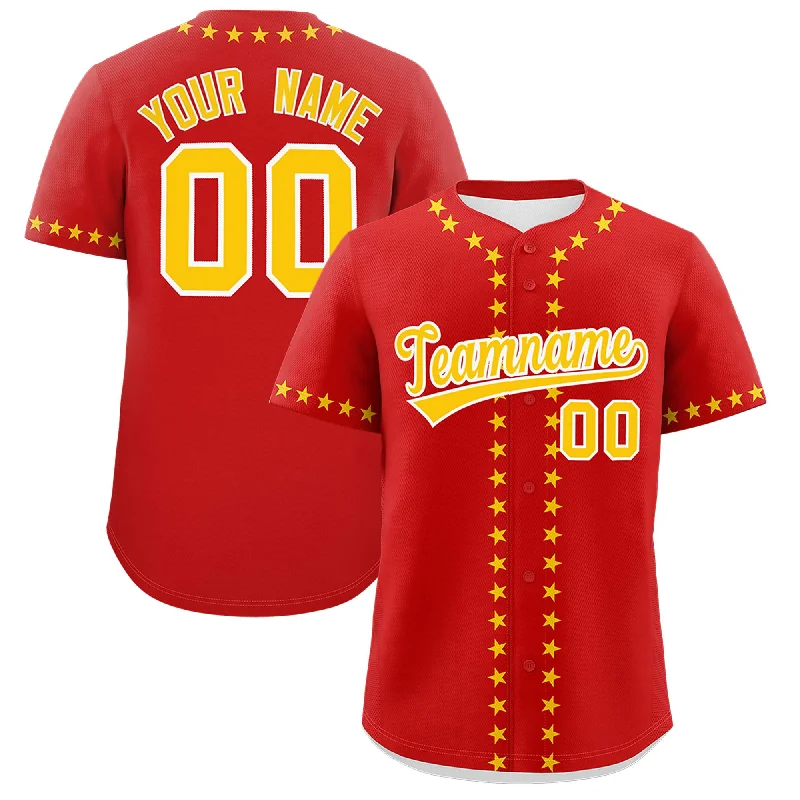 Custom Red Gold Star Ribbing Authentic Baseball Jersey Practical Men's Quick
