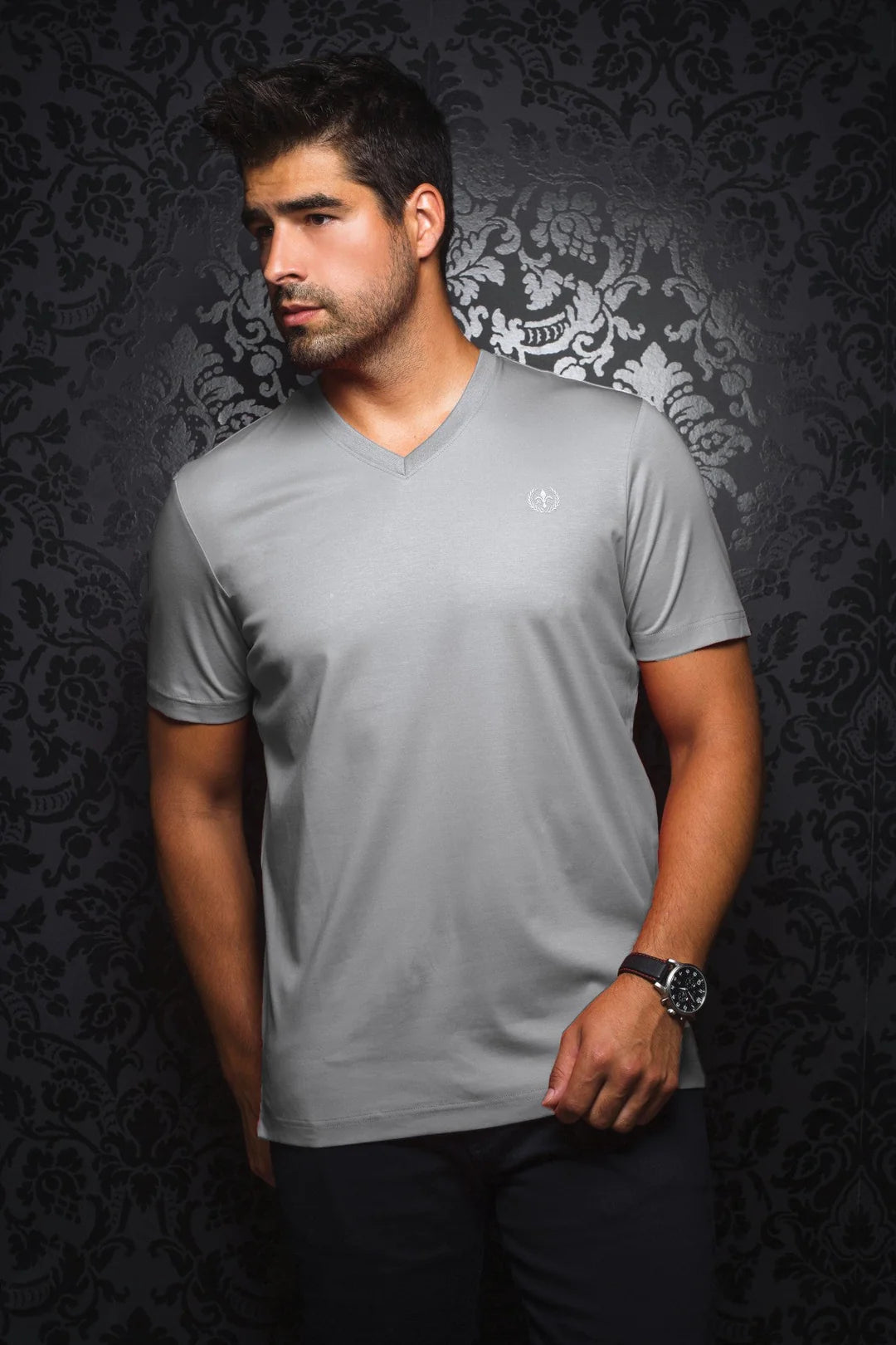 Au Noir Stretch Short-Sleeve Shirt | T-Shirt V-Neck - Michael Light Grey Monochromatic Office Style