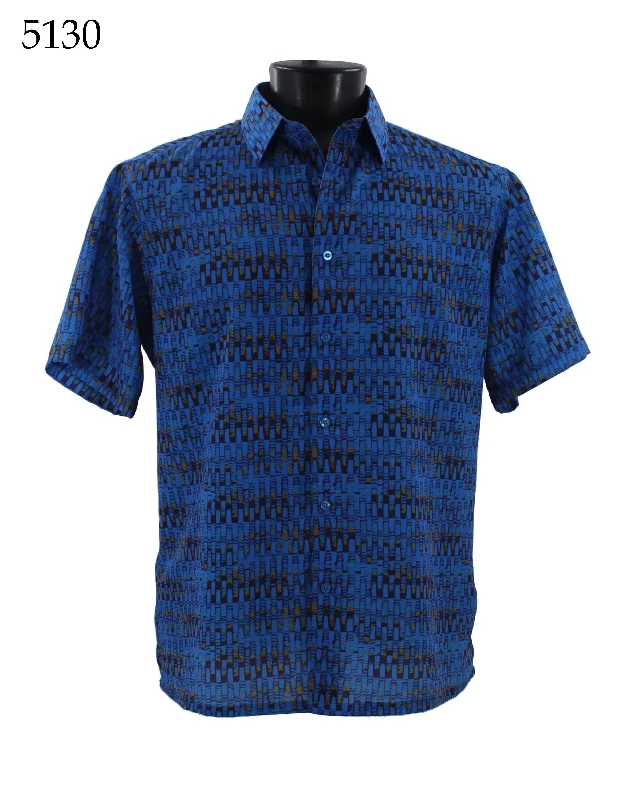 Bassiri Short Sleeve Button Down Casual Printed Men's Shirt - Abstract Pattern Royal Blue #5130 Sharp Men's Italian