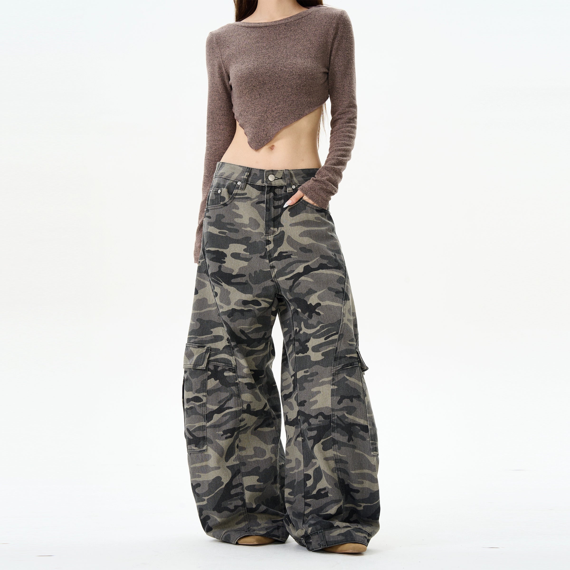 Retro Camouflage Cargo Pants Monochromatic Office Style
