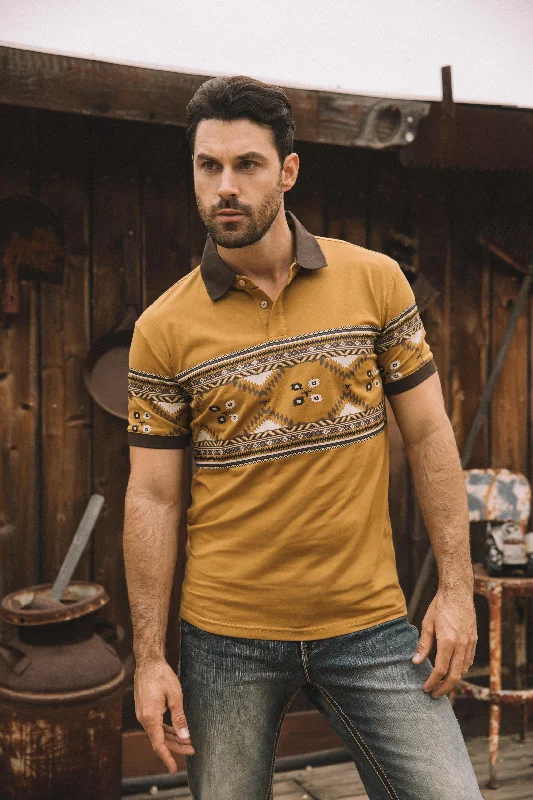 Men's Aztec Panoramic Print Camel Polo Traditional Men's Country