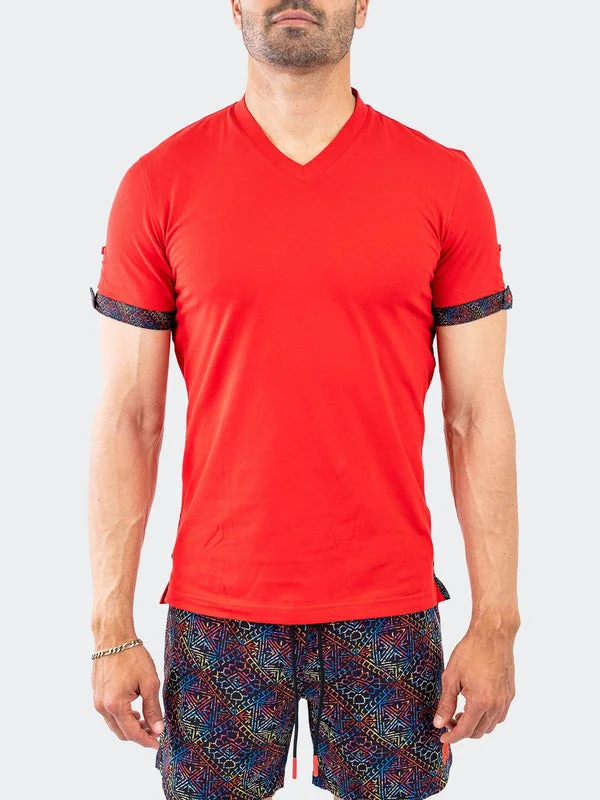 Maceoo Stretch Short-Sleeve Tshirts | V-Neck Vivaldi Solid32 Red Earthy Men's Hemp