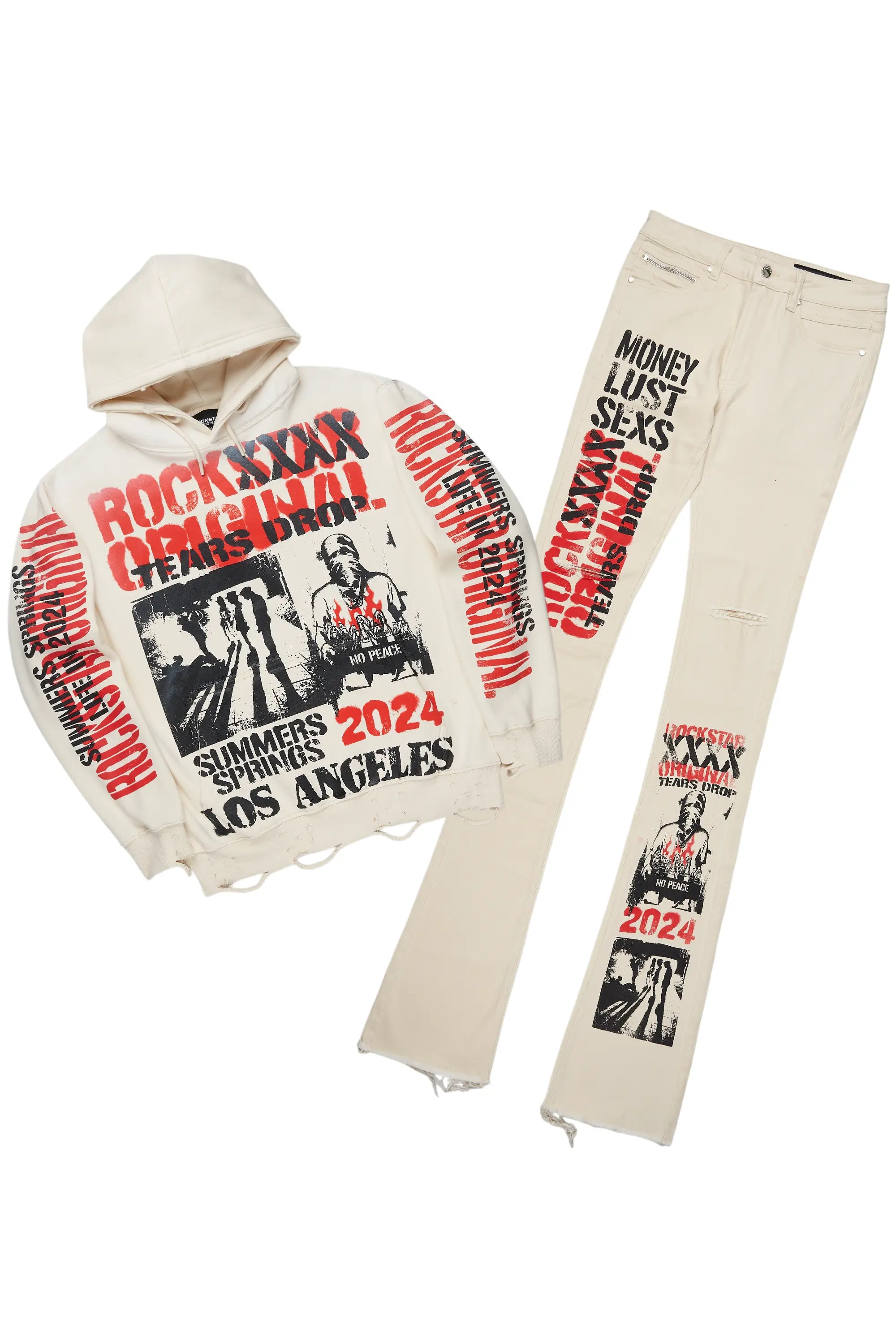 Omer Beige Hoodie & Josiah Stacked Flare Jean Bundle Minimalist Men's Casual 