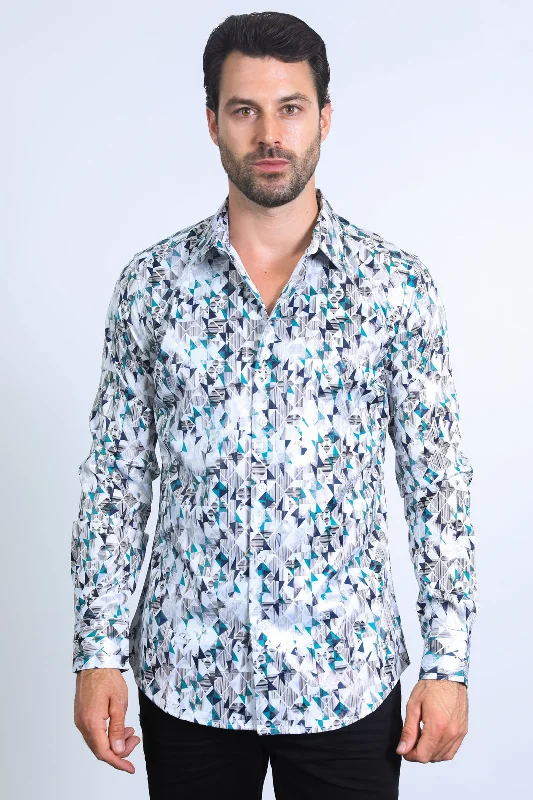 Mens Modern Fit Stretch Foil Fashion White/Grey Shirt Relaxed Men's Australian 