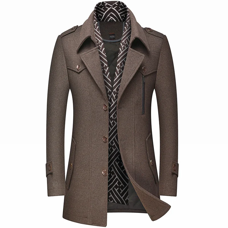 Men's Classic Slim-Fit Wool Coat With Scarf Sleek Men's Contemporary 