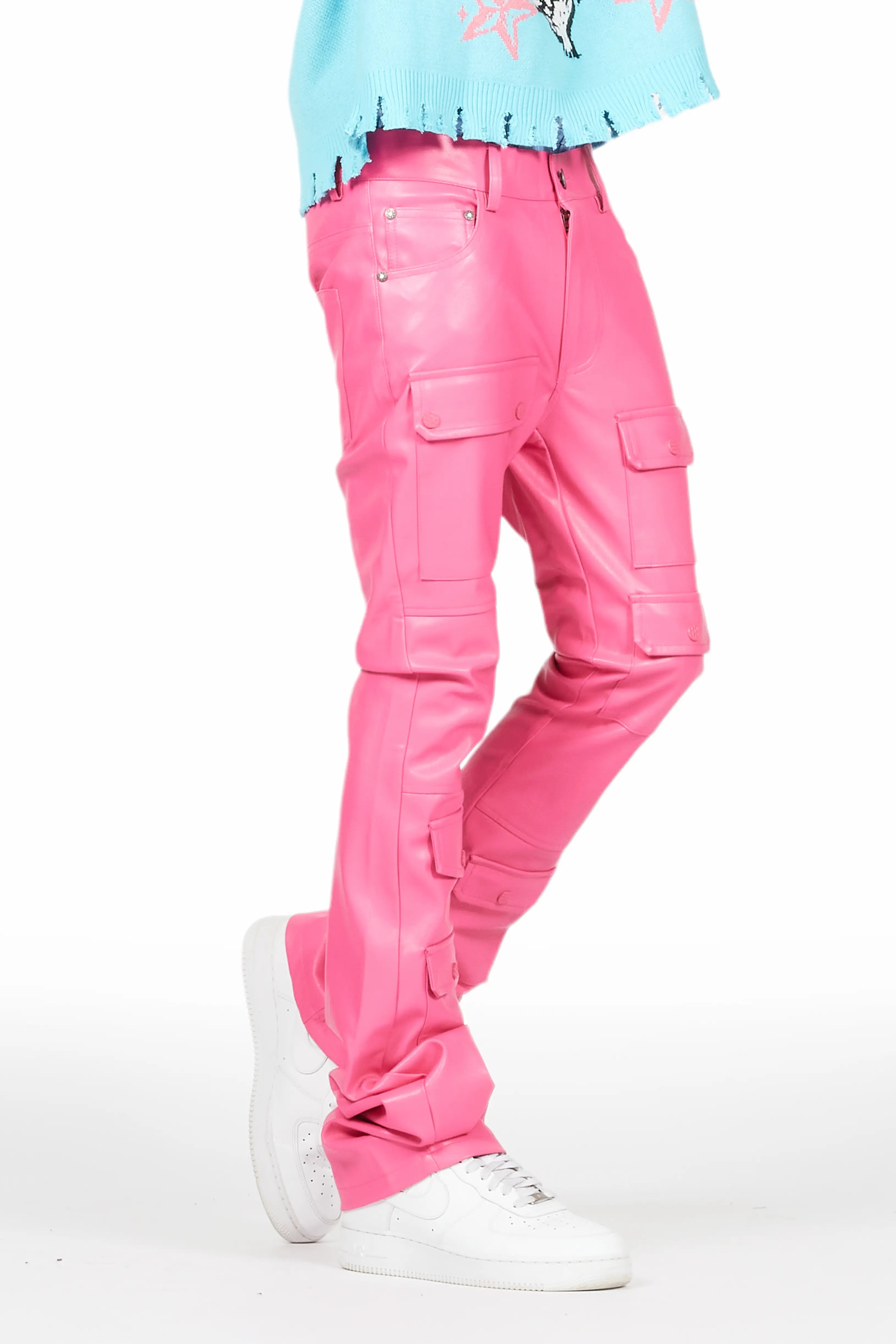 Barossa Hot Pink PU Cargo Stacked Flare Jean Casual Men's Japanese 