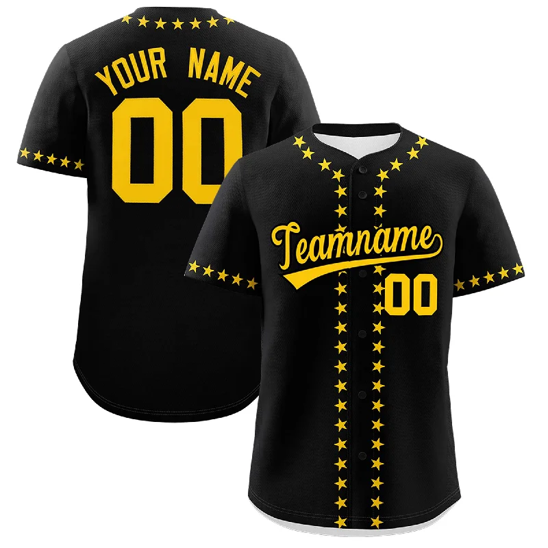 Custom Black Gold Star Ribbing Authentic Baseball Jersey Casual Men's Short