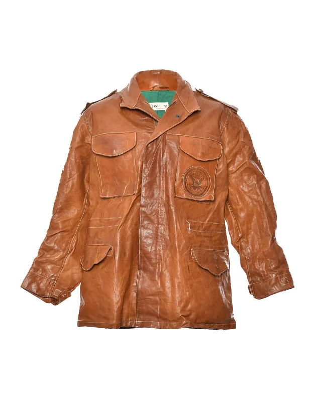 Single Breasted Brown Classic Leather Jacket - L Luxurious Men's High