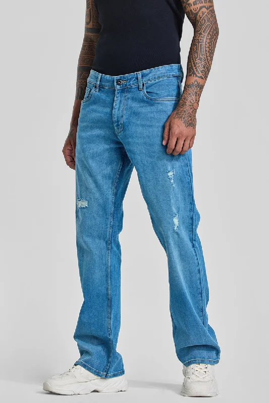 Blue Distressed Bootcut Jeans Elegant Men's Formal 