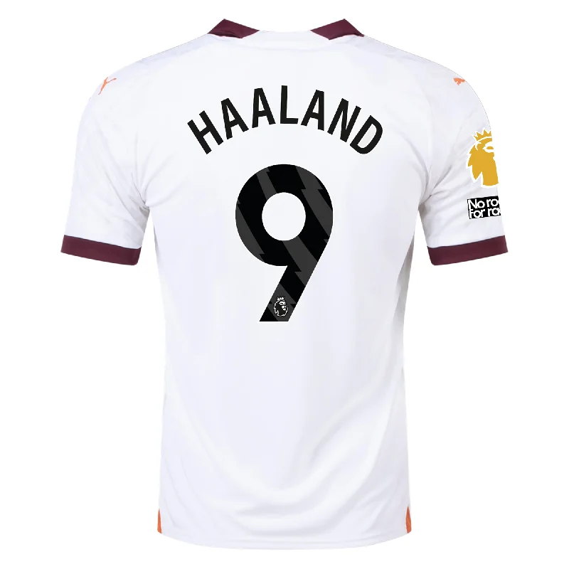 Puma Manchester City Erling Haaland Away Jersey w/ EPL + No Room For Racism Patches 23/24 (Puma White/Aubergine) Cozy Men's Sherpa