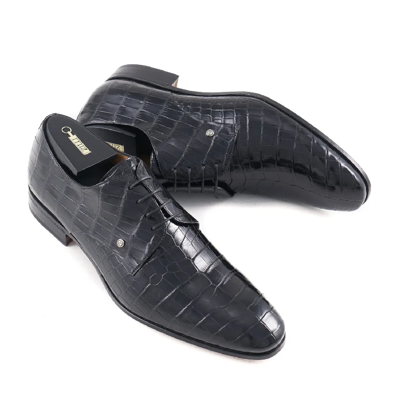 Zilli Black Full Crocodile Derby Cool Men's Distressed