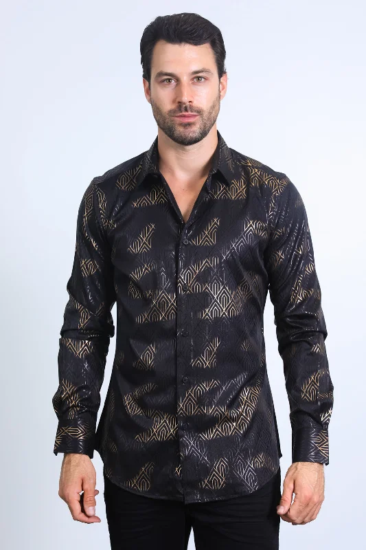Mens Modern Fit Stretch Foil Fashion Black Shirt Relaxed Men's Beach