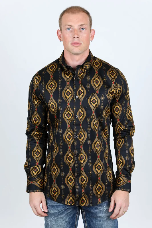 Men’s Legendary Aztec Cotton Spandex Modern Fit shirt - Black Trendy Men's Scandinavian
