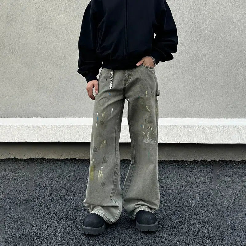 Retro Ink-Splashed Cargo Jeans Athletic Men's Compression