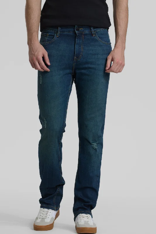 Dark Blue Distressed Straight Fit Jeans Organic