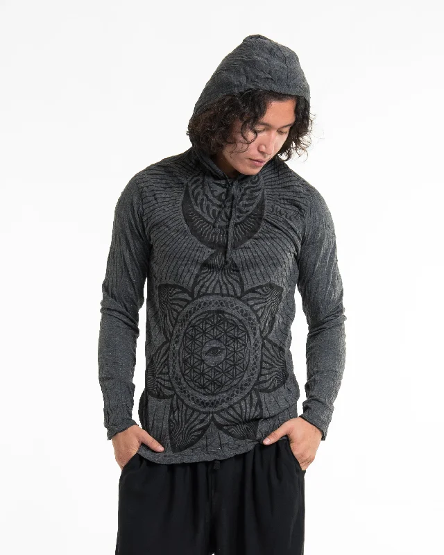 Unisex Sacred Geometry Mandala Hoodie in Black Masculine Men's Thick