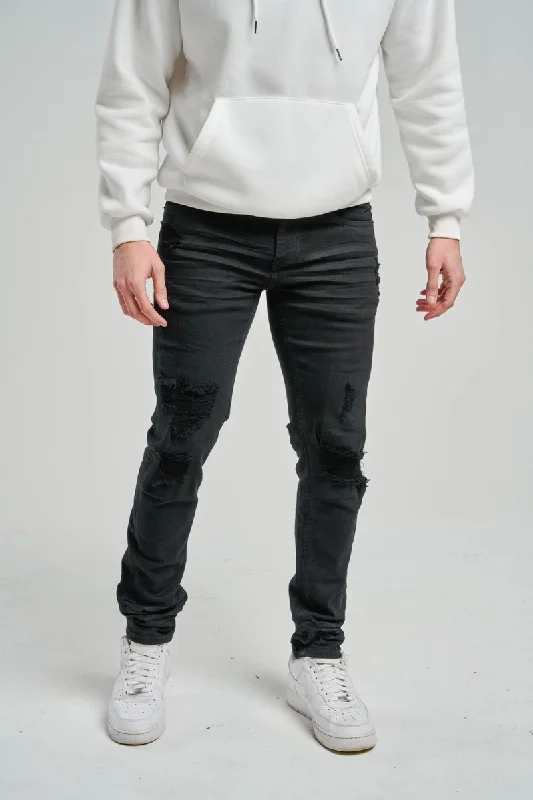 Spark Slim Fit Stretch Jeans with 3D Crinkle & Repair (Jet Black) Streetwear Style