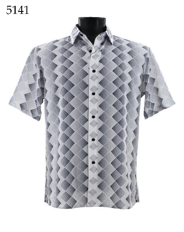 Bassiri Short Sleeve Button Down Casual Printed Men's Shirt - Diamond Pattern White #5141 Stylish Men's Tropical 