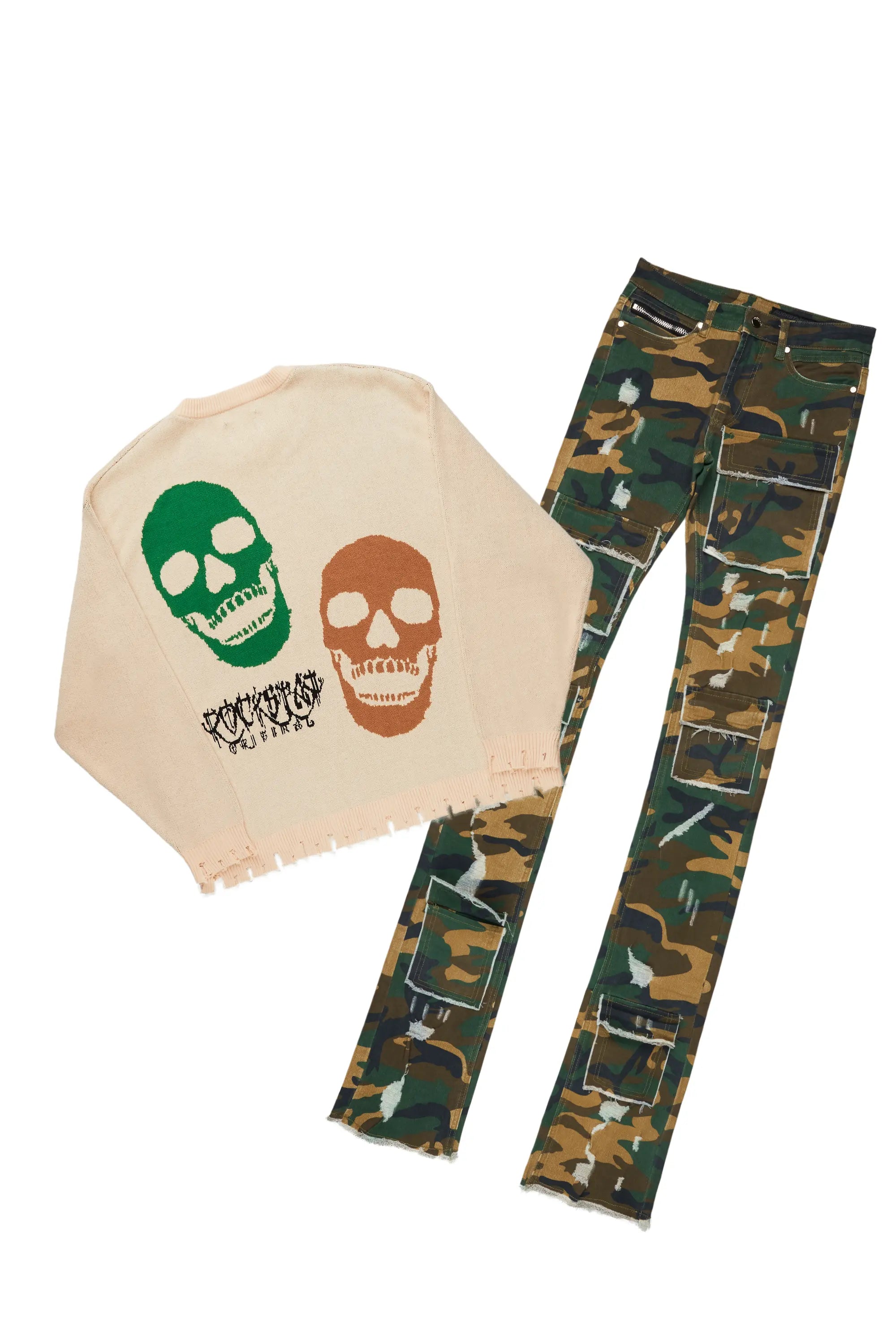 Kaleb Beige Knit Sweater & Petrus Super Stacked Flare Jean Bundle Youthful Men's Anime