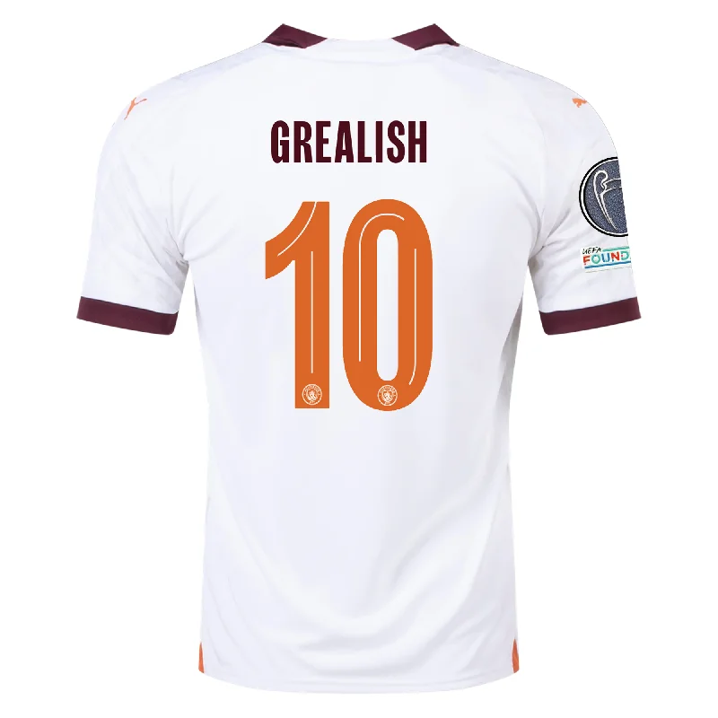 Puma Manchester City Jack Grealish Away Jersey w/ Champions League Patches 23/24 (Puma White/Aubergine) Refined Men's Classic Puma Manchester City Jack Grealish Away Jersey w/ Champions League Patches 23/24 (Puma White/Aubergine) Refined Men's Classic