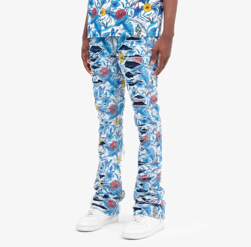 Copper Rivet Floral Stacked Pants (Blue) Sophisticated Men's French