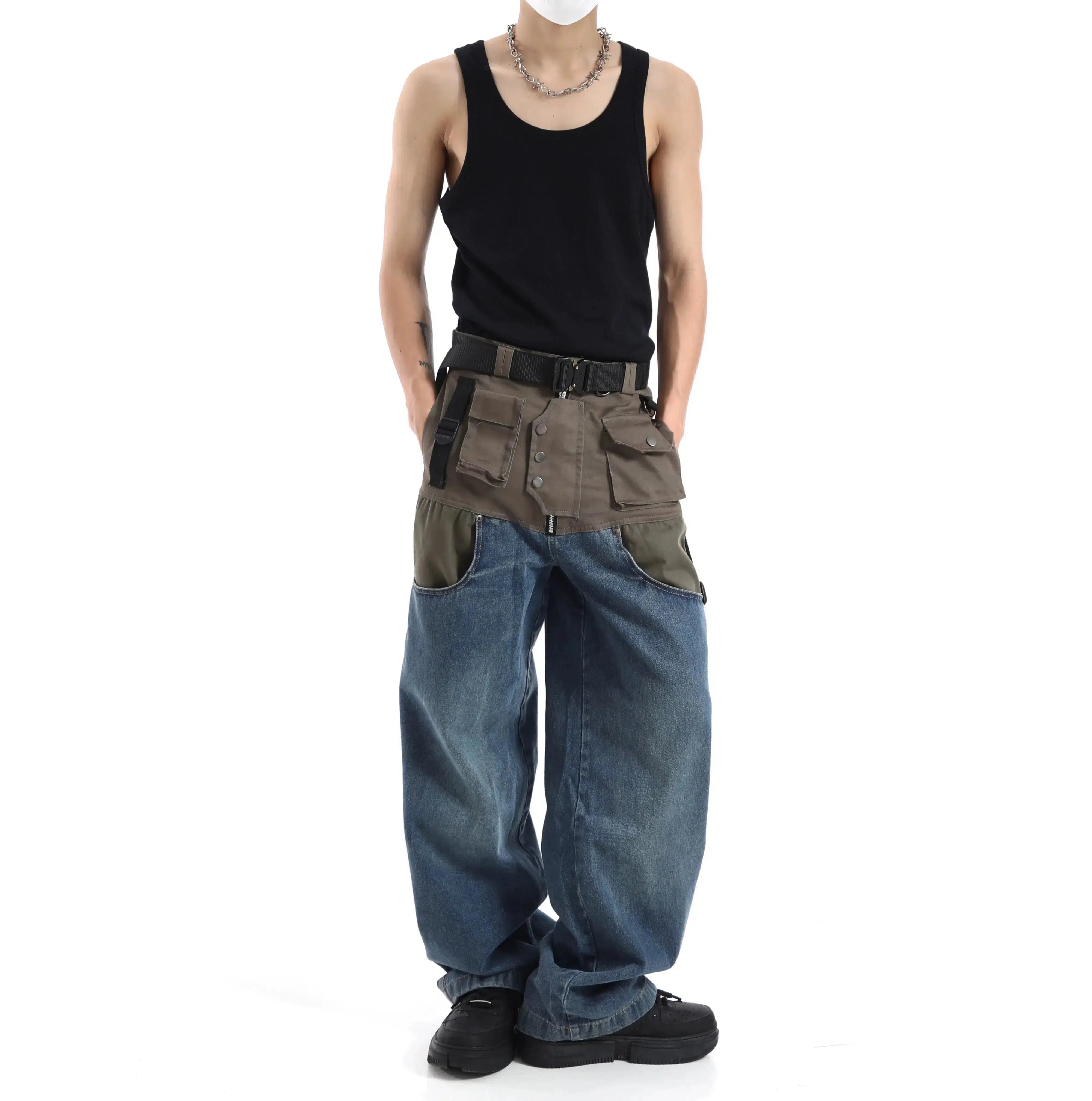 Panelled Stitching Pocket Wide-Leg Jeans Practical Men's Quick