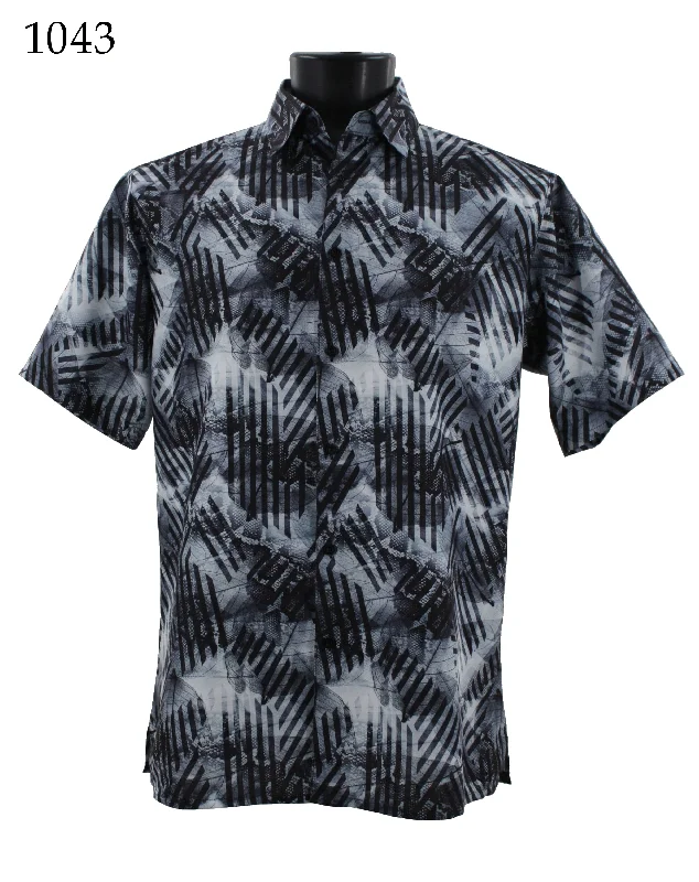 Bassiri Short Sleeve Button Down Casual Printed Men's Shirt - Abstract Pattern Black #1043 Hip Men's Retro