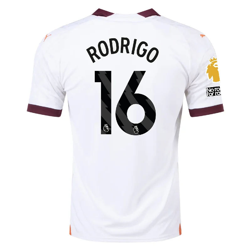 Puma Manchester City Rodrigo Away Jersey w/ EPL + No Room For Racism Patches 23/24 (Puma White/Aubergine) Confident Men's High Puma Manchester City Rodrigo Away Jersey w/ EPL + No Room For Racism Patches 23/24 (Puma White/Aubergine) Confident Men's High