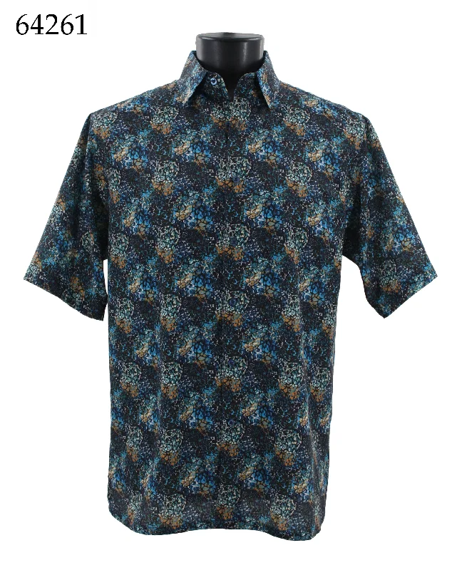 Bassiri Short Sleeve Button Down Casual Printed Men's Shirt - Abstract Pattern Blue #64261 Refined Men's Hand