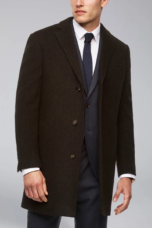 Stone Slim Fit Wool & Cashmere Overcoat - Navy-Olive Herringbone Cozy Men's Winter