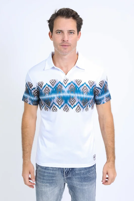 Men's Performance Fabric Aztec Panoramic Print White Polo Vacation