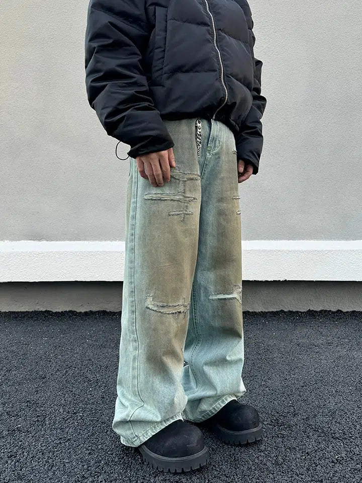 Dirty Straight-leg Denim Pants Laid