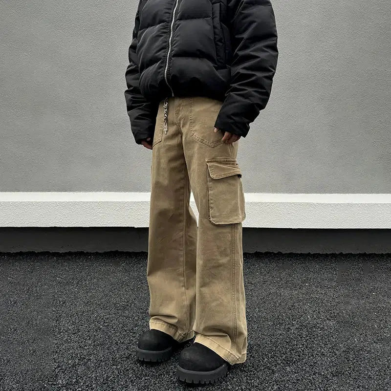 Multi-pocket Flared Cargo Pants Relaxed Men's Beach