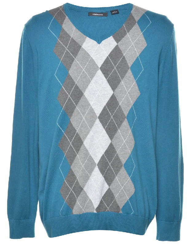 Teal Argyle Jumper - L Cozy Men's Winter