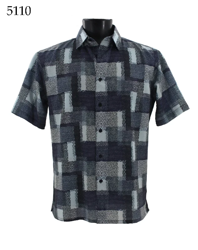 Bassiri Short Sleeve Button Down Casual Printed Men's Shirt - Blues Geometrical Squares Pattern  #5110 Rugged Men's Outdoor 