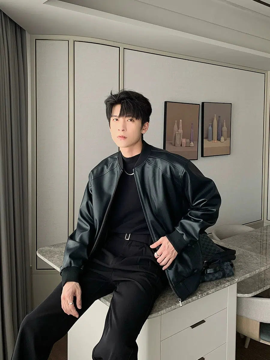 Black Faux Leather Jacket Youthful Men's Anime