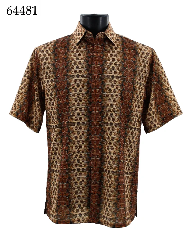 Bassiri Short Sleeve Button Down Casual Printed Men's Shirt - Circle Stripe Pattern Rust #64481 Tailored