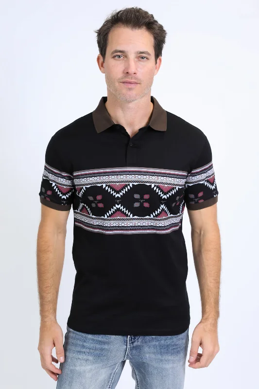 Men's Aztec Panoramic Print Black Polo Traditional Men's Wool